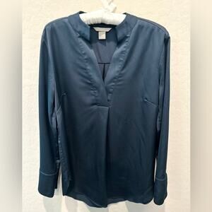H&M | Navy Blue Satin V-Neck Long Sleeve Blouse | Size 6
